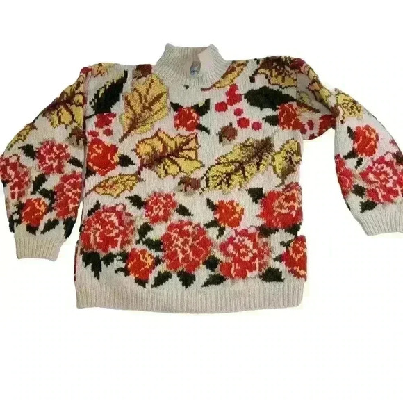 Vtg The Eagles Eye Sweater Hand Knit Womens Medium Fall Leaves Autumn - Picture 3 of 14